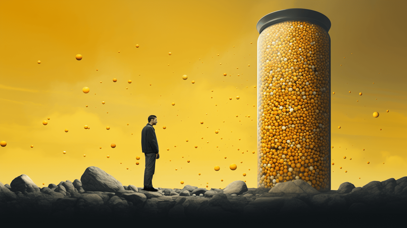 abstract image of a researcher studying a bottle of drug.