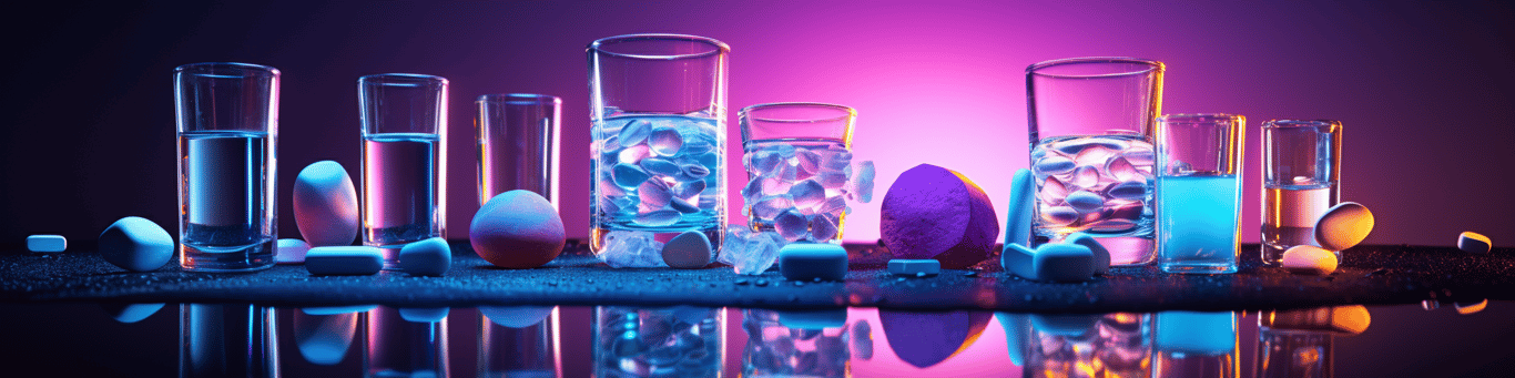 image of drug pills surrounding a glass of water symbolizing drug consumption