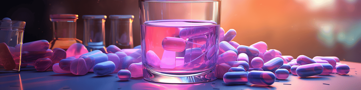image of drug pills surrounding a glass of water symbolizing drug consumption
