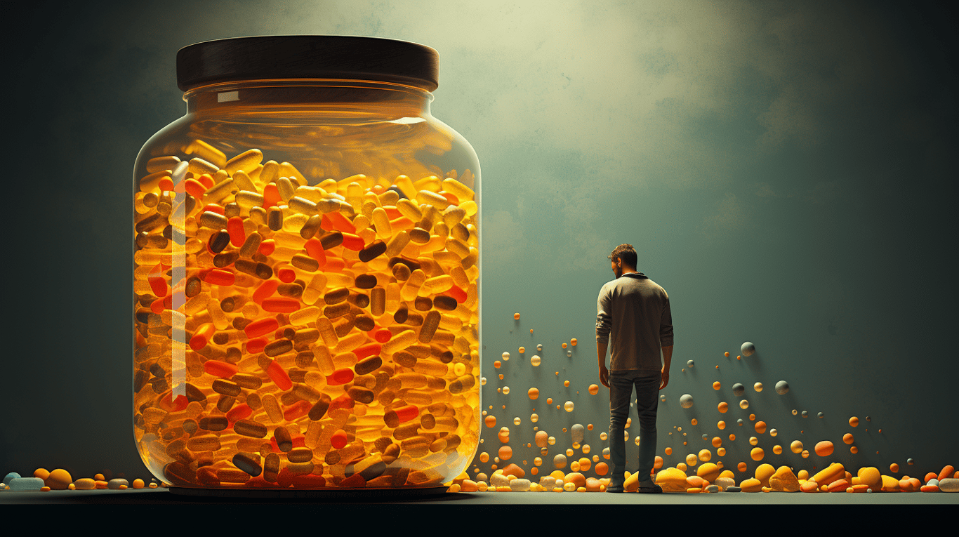 abstract image of a researcher studying a bottle of drug.