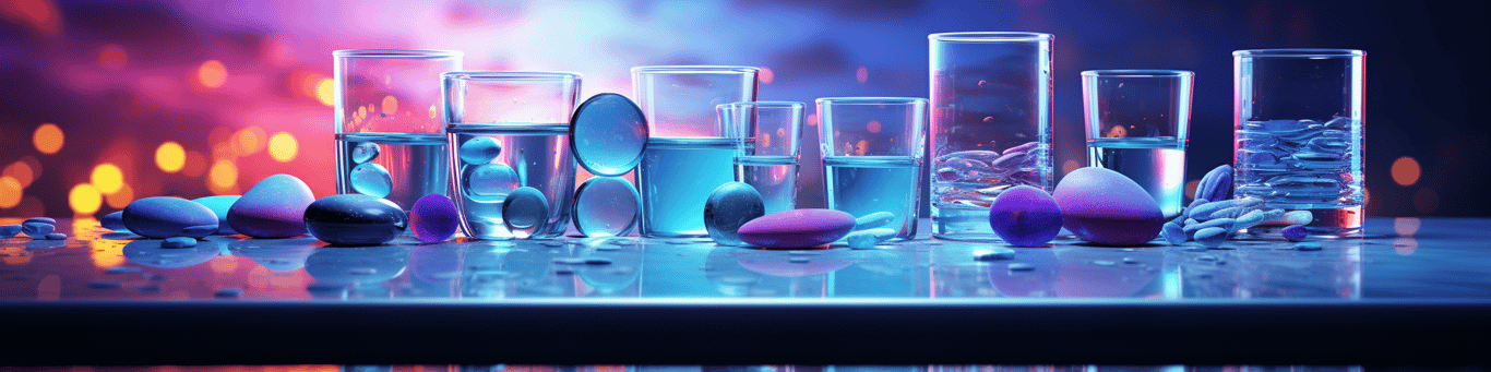 image of drug pills surrounding a glass of water symbolizing drug consumption
