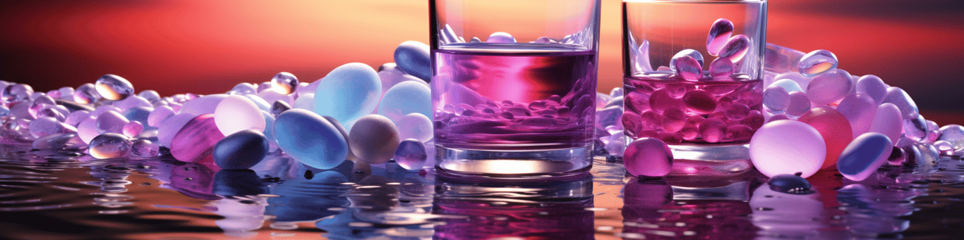 image of drug pills surrounding a glass of water symbolizing drug consumption