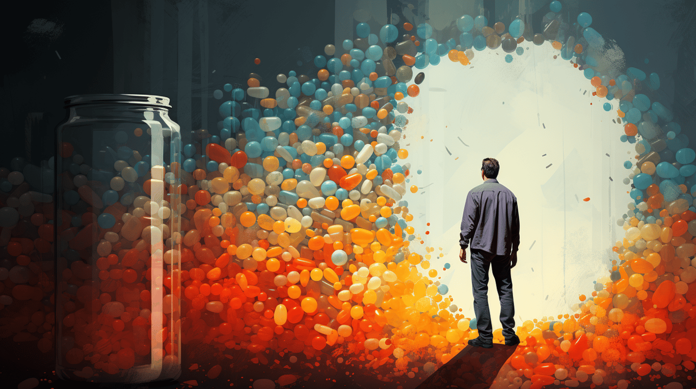 abstract image of a researcher studying a bottle of drug.