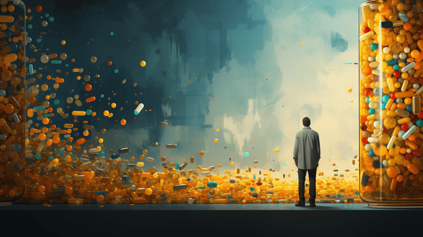 abstract image of a researcher studying a bottle of drug.