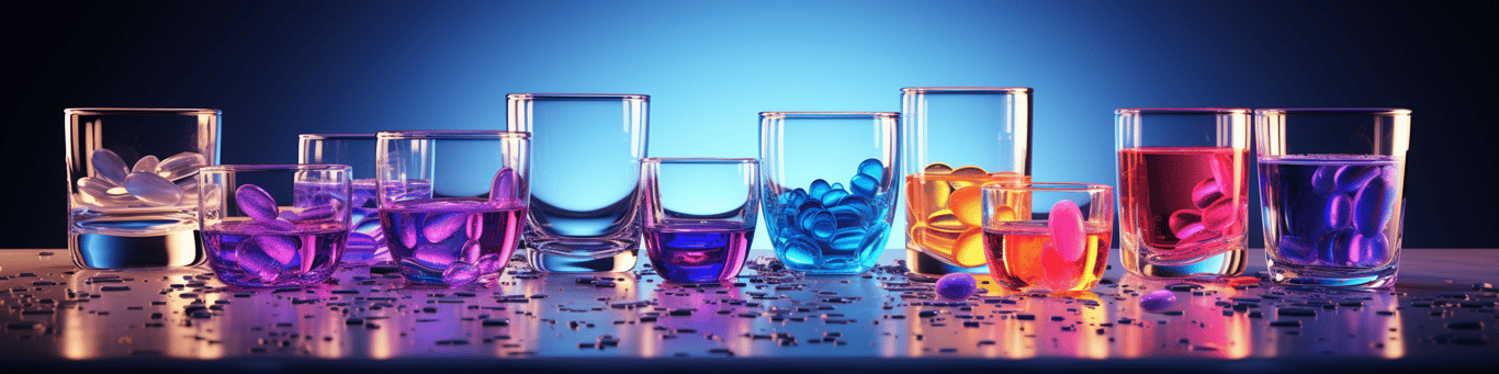 image of drug pills surrounding a glass of water symbolizing drug consumption