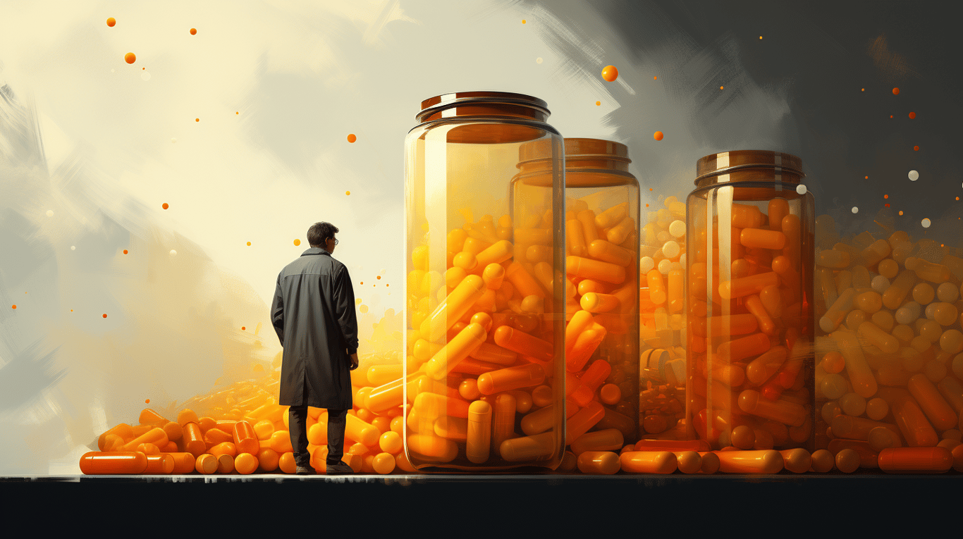 abstract image of a researcher studying a bottle of drug.