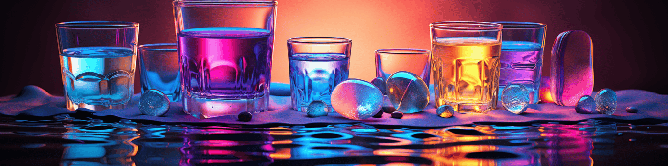 image of drug pills surrounding a glass of water symbolizing drug consumption