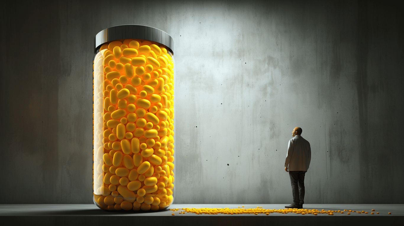 abstract image of a researcher studying a bottle of drug.