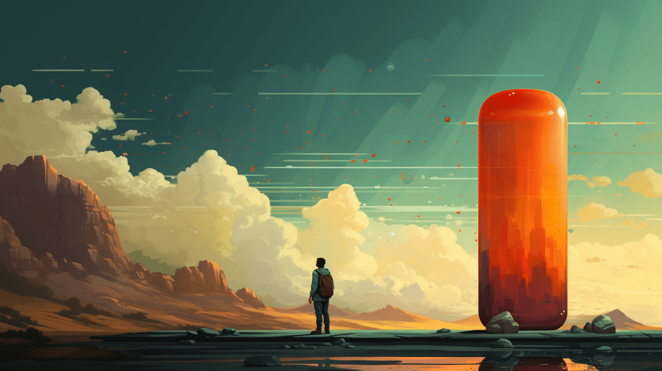 abstract image of a researcher studying a bottle of drug.