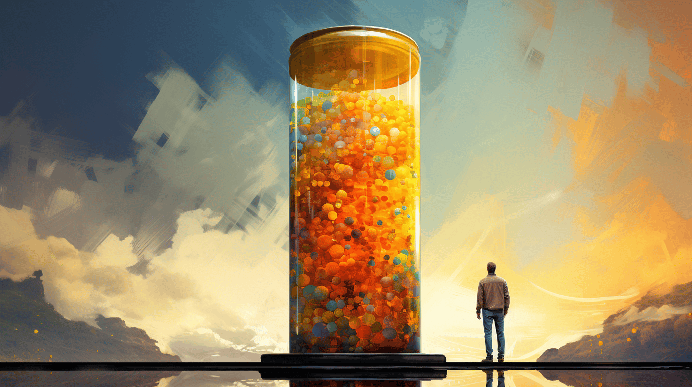 abstract image of a researcher studying a bottle of drug.