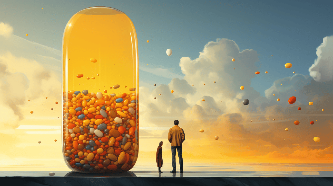 abstract image of a researcher studying a bottle of drug.