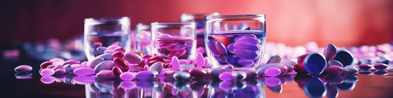 image of drug pills surrounding a glass of water symbolizing drug consumption