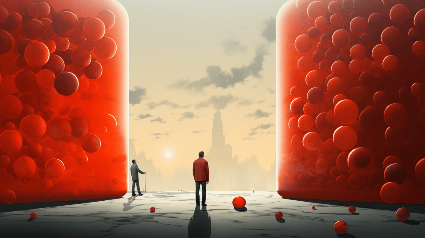 abstract image of a researcher studying a bottle of drug.