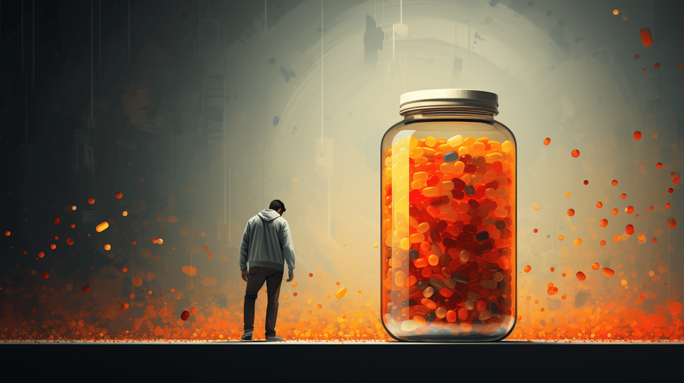 abstract image of a researcher studying a bottle of drug.