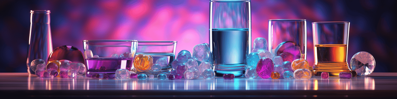 image of drug pills surrounding a glass of water symbolizing drug consumption