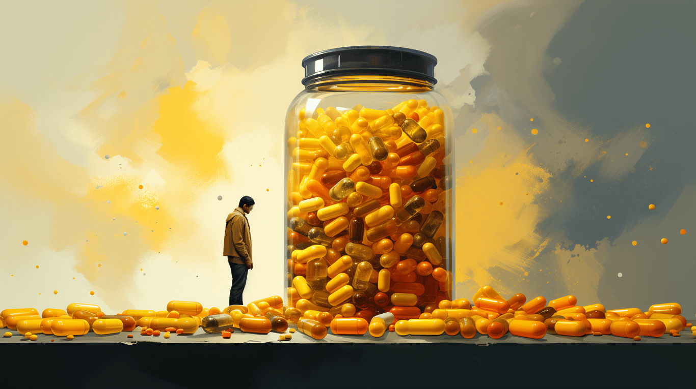 abstract image of a researcher studying a bottle of drug.