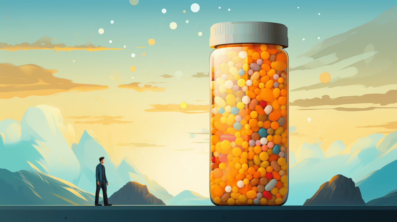 abstract image of a researcher studying a bottle of drug.