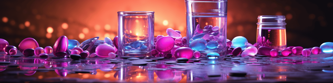 image of drug pills surrounding a glass of water symbolizing drug consumption