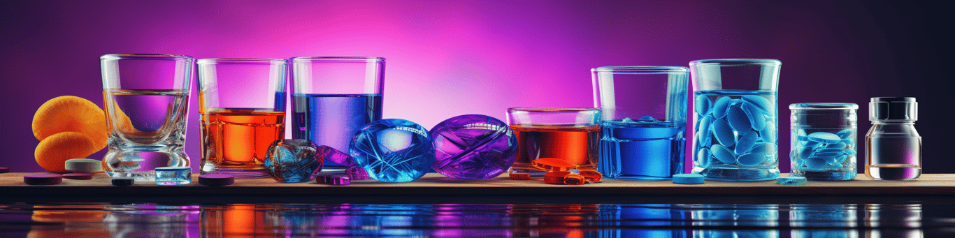 image of drug pills surrounding a glass of water symbolizing drug consumption