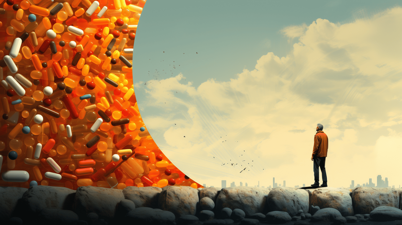 abstract image of a researcher studying a bottle of drug.