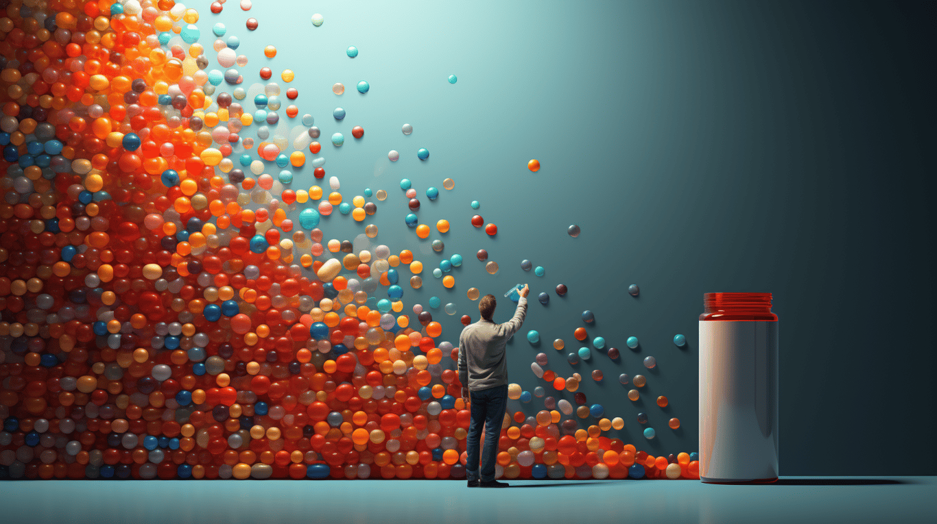 abstract image of a researcher studying a bottle of drug.