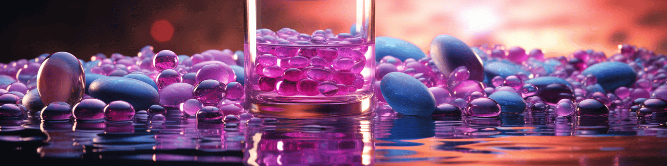 image of drug pills surrounding a glass of water symbolizing drug consumption