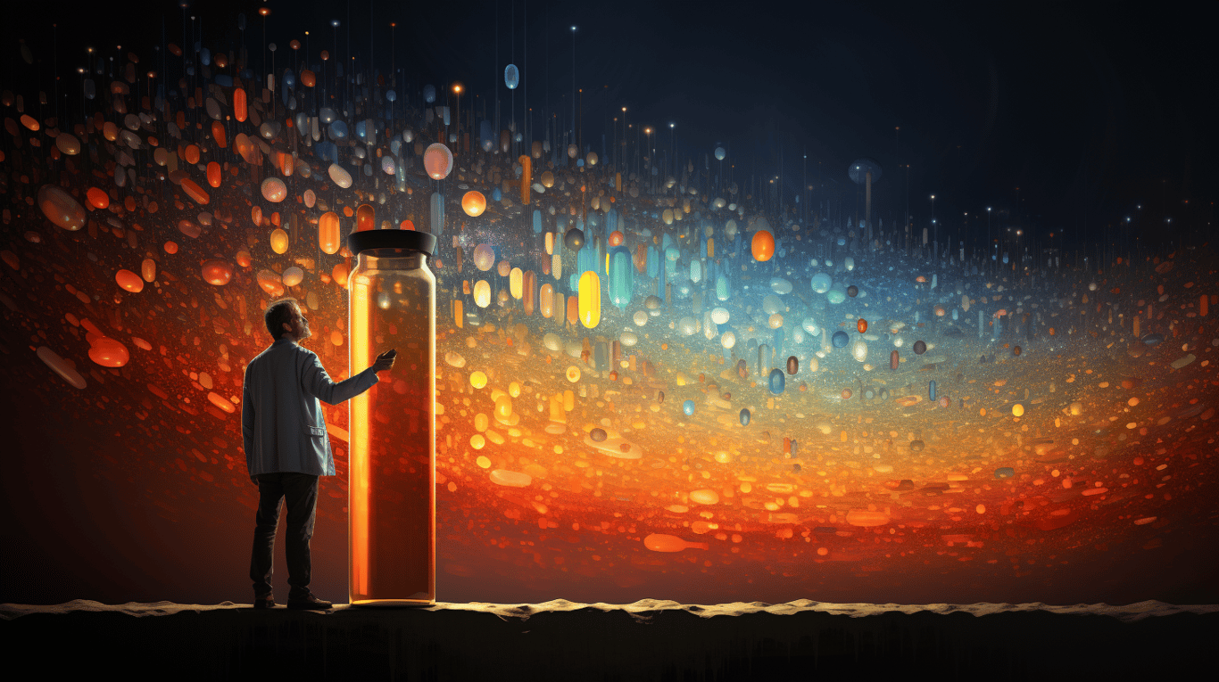 abstract image of a researcher studying a bottle of drug.