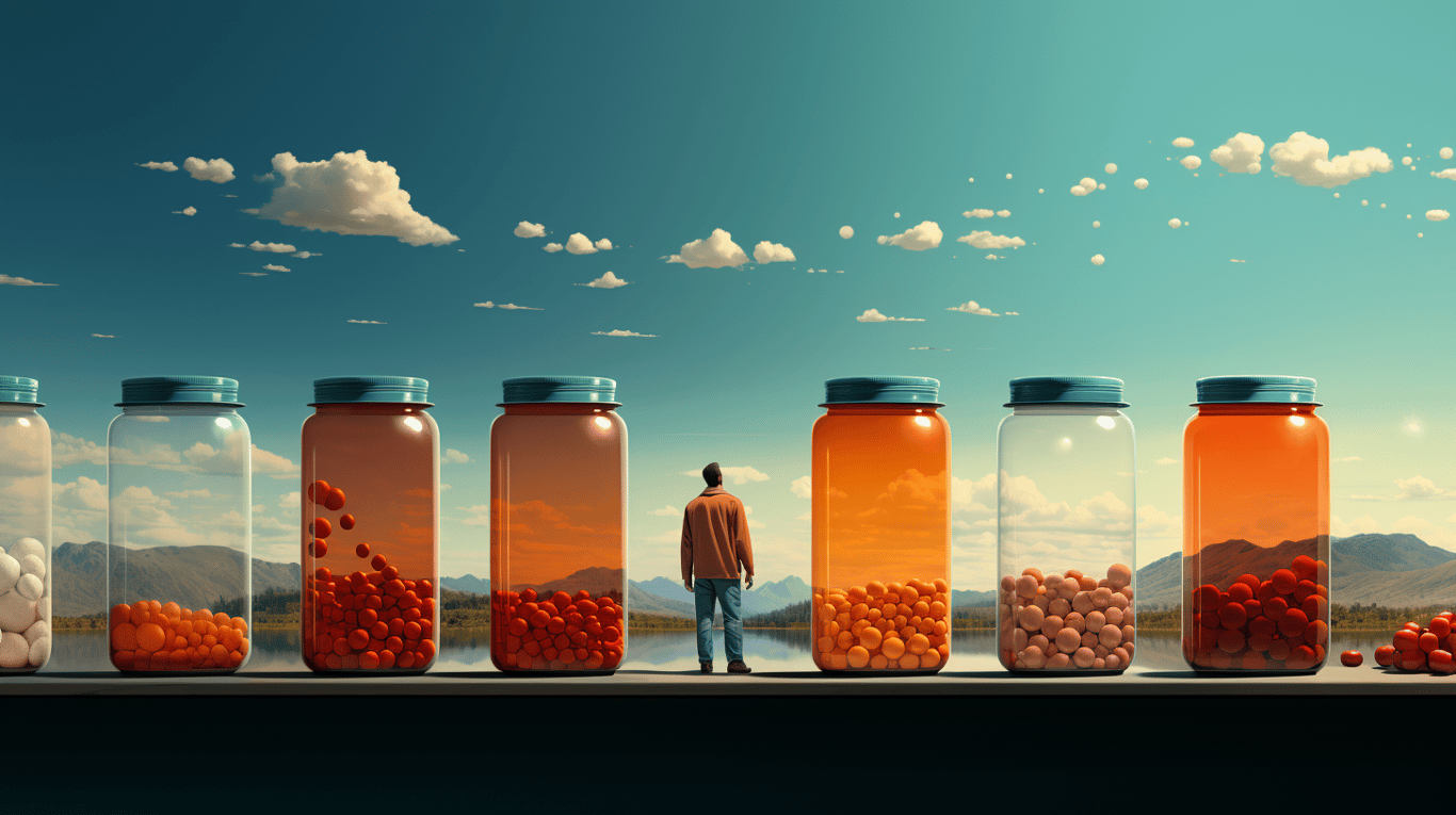 abstract image of a researcher studying a bottle of drug.