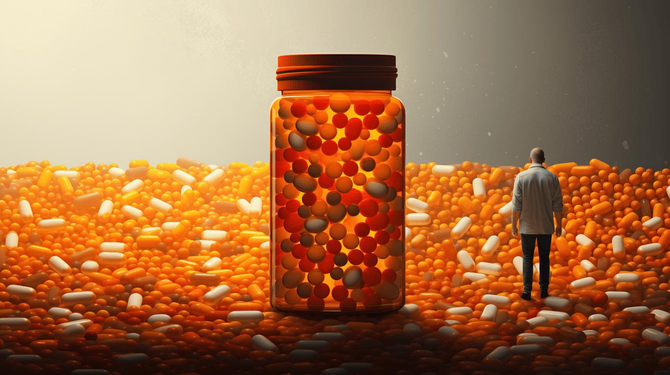 abstract image of a researcher studying a bottle of drug.