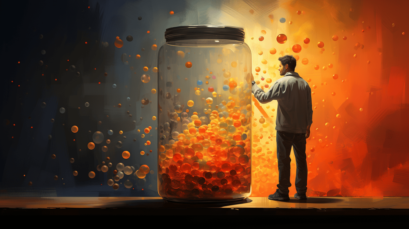 abstract image of a researcher studying a bottle of drug.