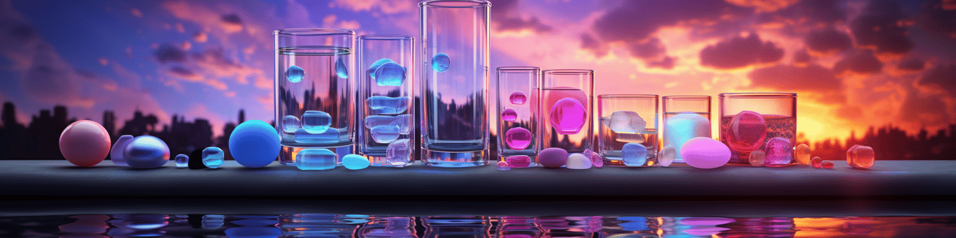 image of drug pills surrounding a glass of water symbolizing drug consumption