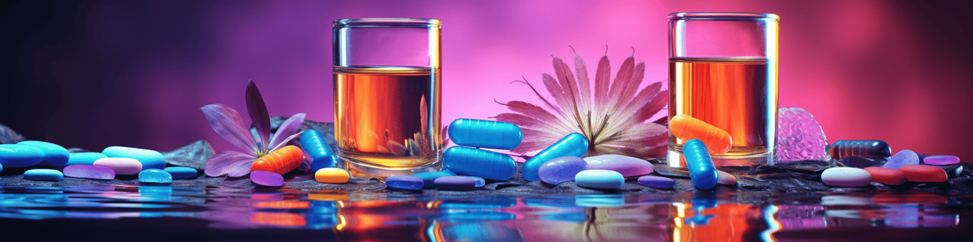 image of drug pills surrounding a glass of water symbolizing drug consumption