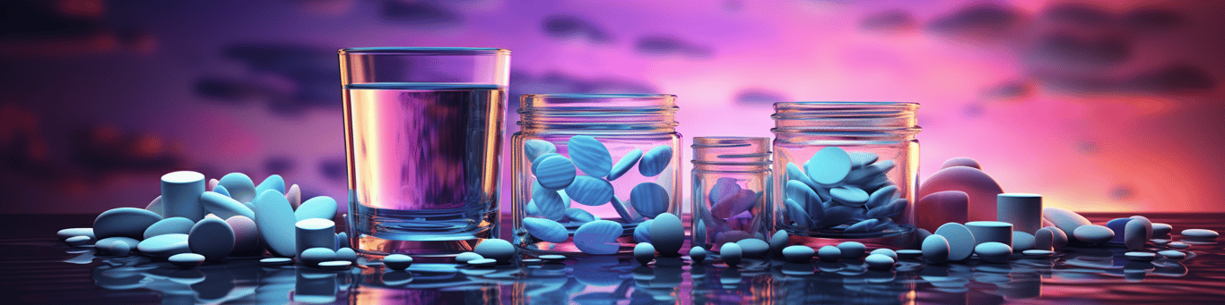 image of drug pills surrounding a glass of water symbolizing drug consumption