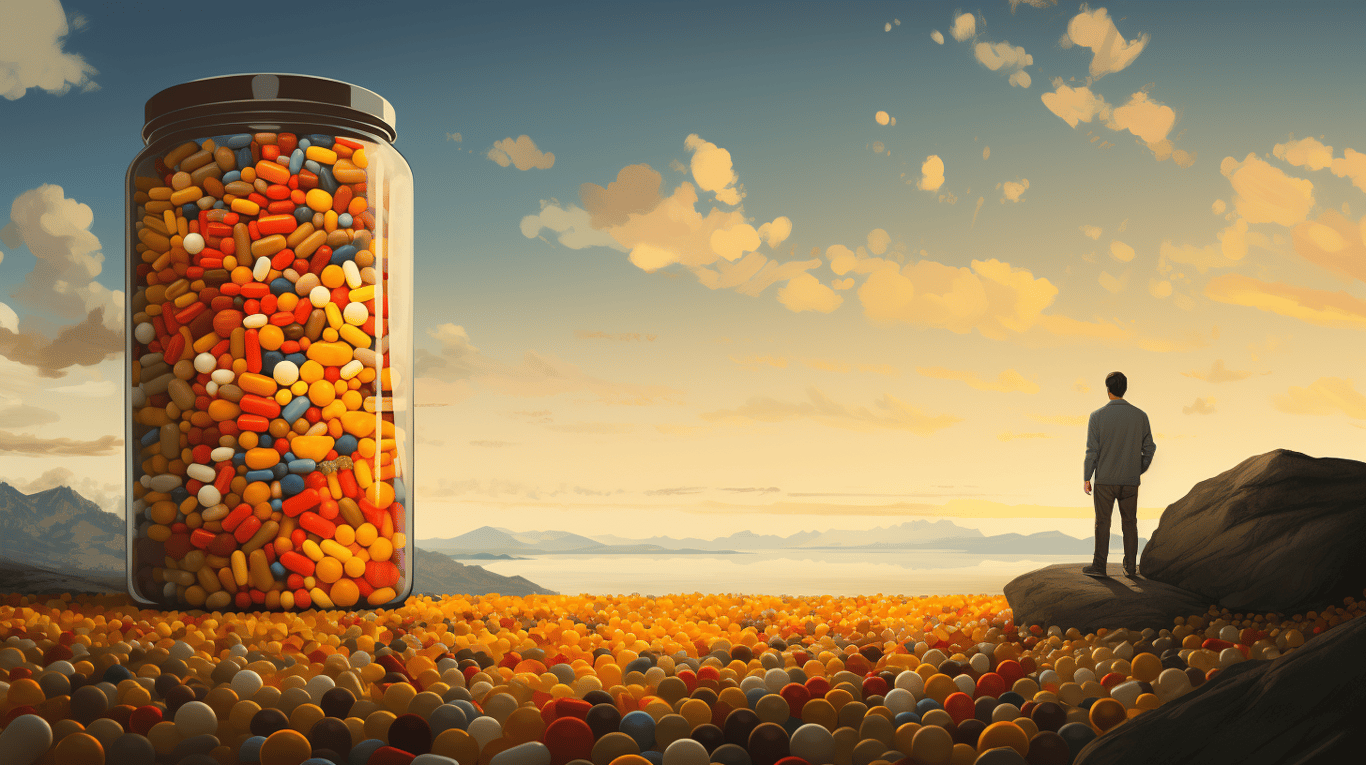 abstract image of a researcher studying a bottle of drug.