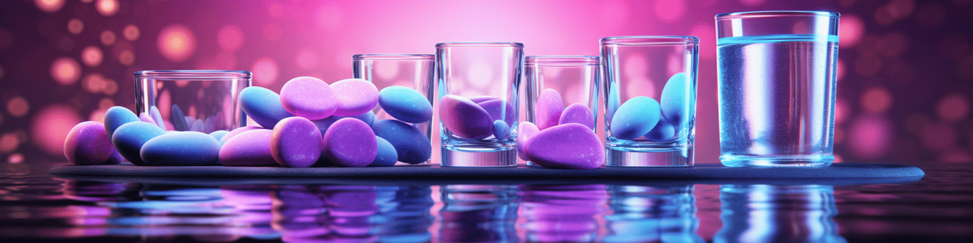 image of drug pills surrounding a glass of water symbolizing drug consumption
