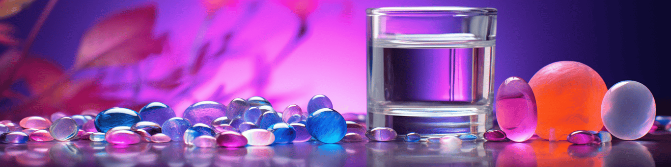 image of drug pills surrounding a glass of water symbolizing drug consumption