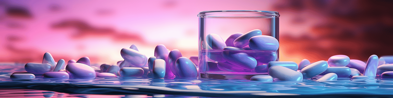 image of drug pills surrounding a glass of water symbolizing drug consumption