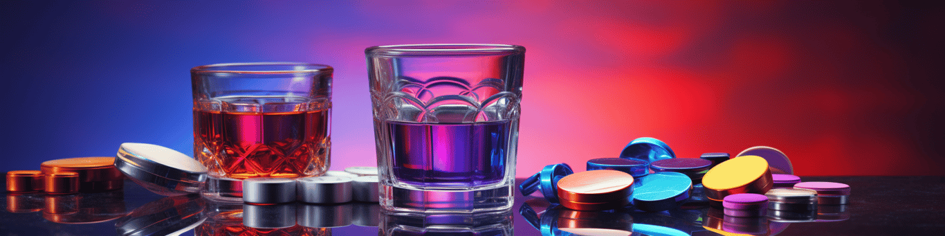 image of drug pills surrounding a glass of water symbolizing drug consumption