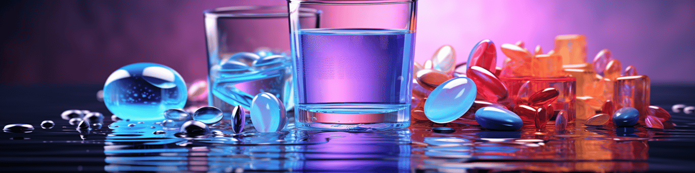 image of drug pills surrounding a glass of water symbolizing drug consumption