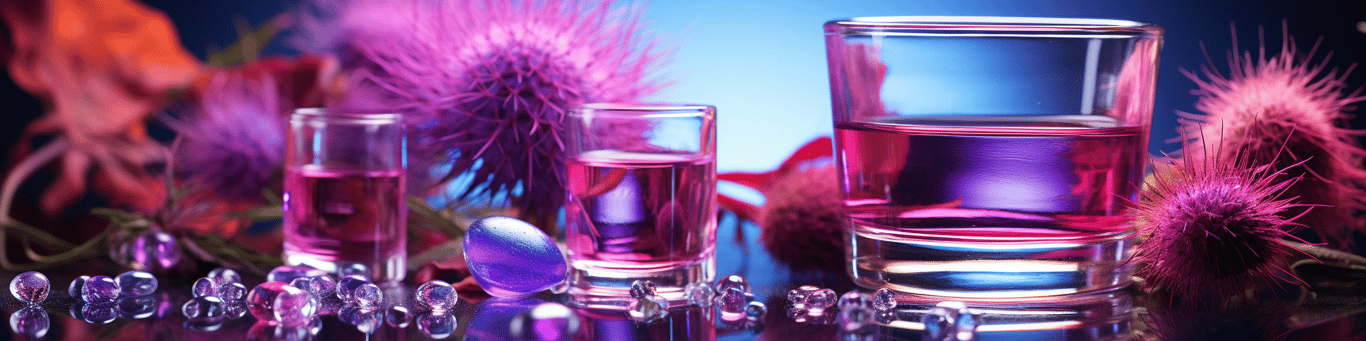 image of drug pills surrounding a glass of water symbolizing drug consumption