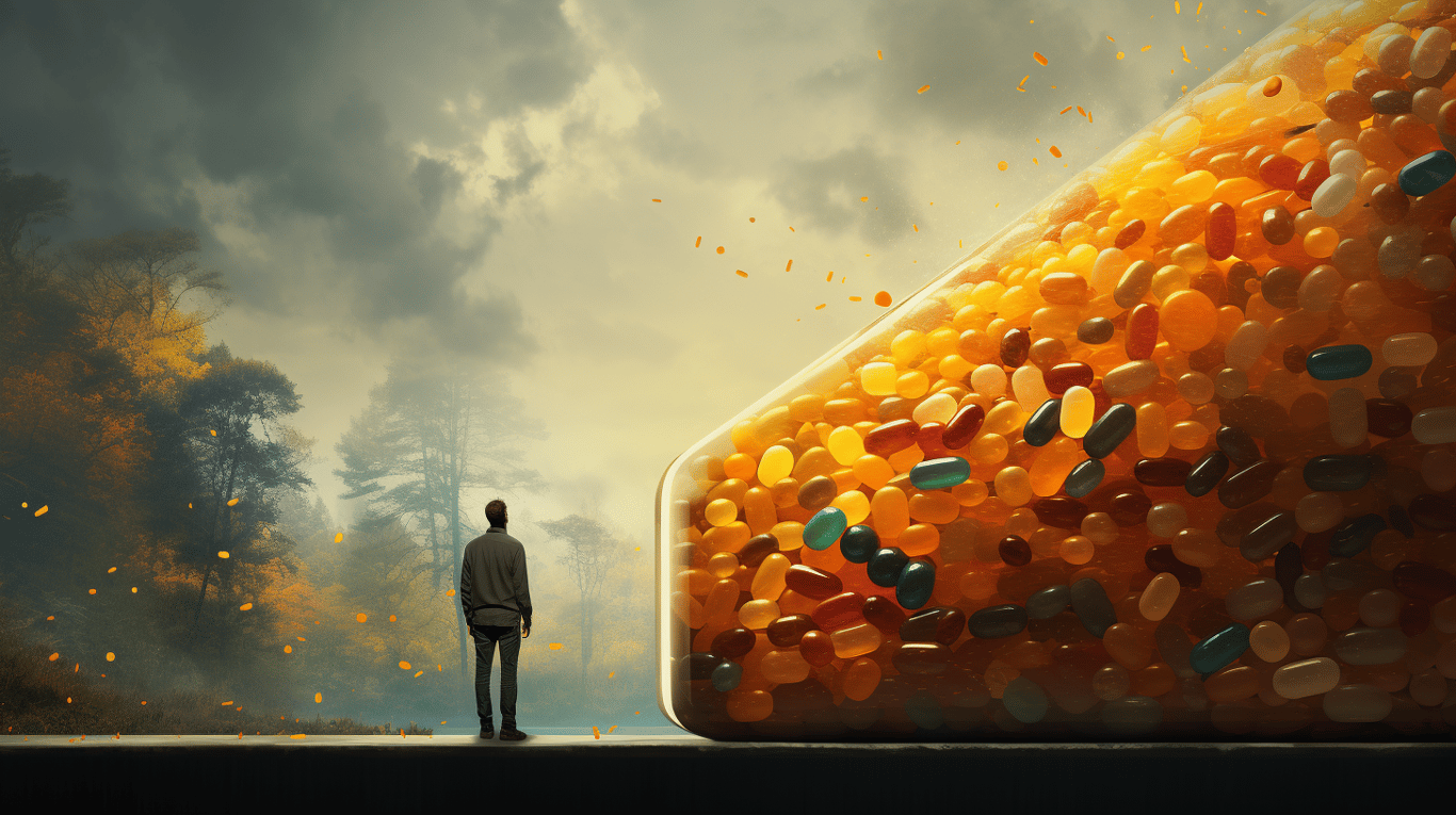 abstract image of a researcher studying a bottle of drug.