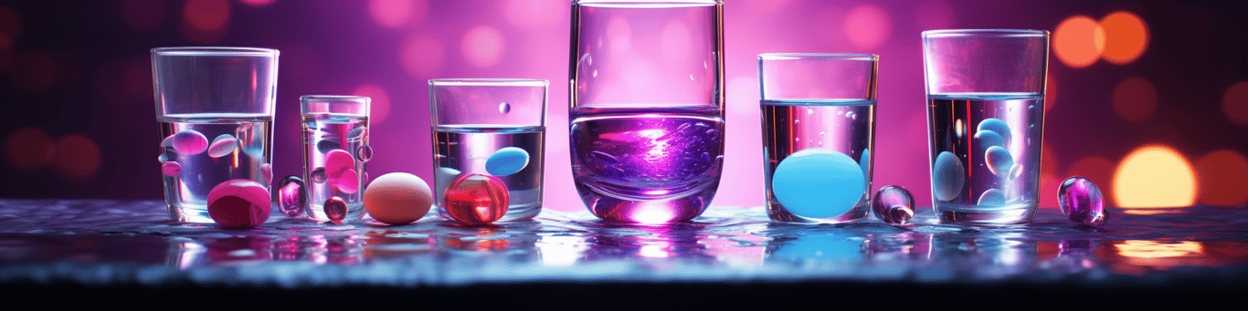 image of drug pills surrounding a glass of water symbolizing drug consumption