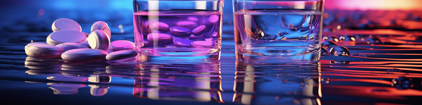 image of drug pills surrounding a glass of water symbolizing drug consumption