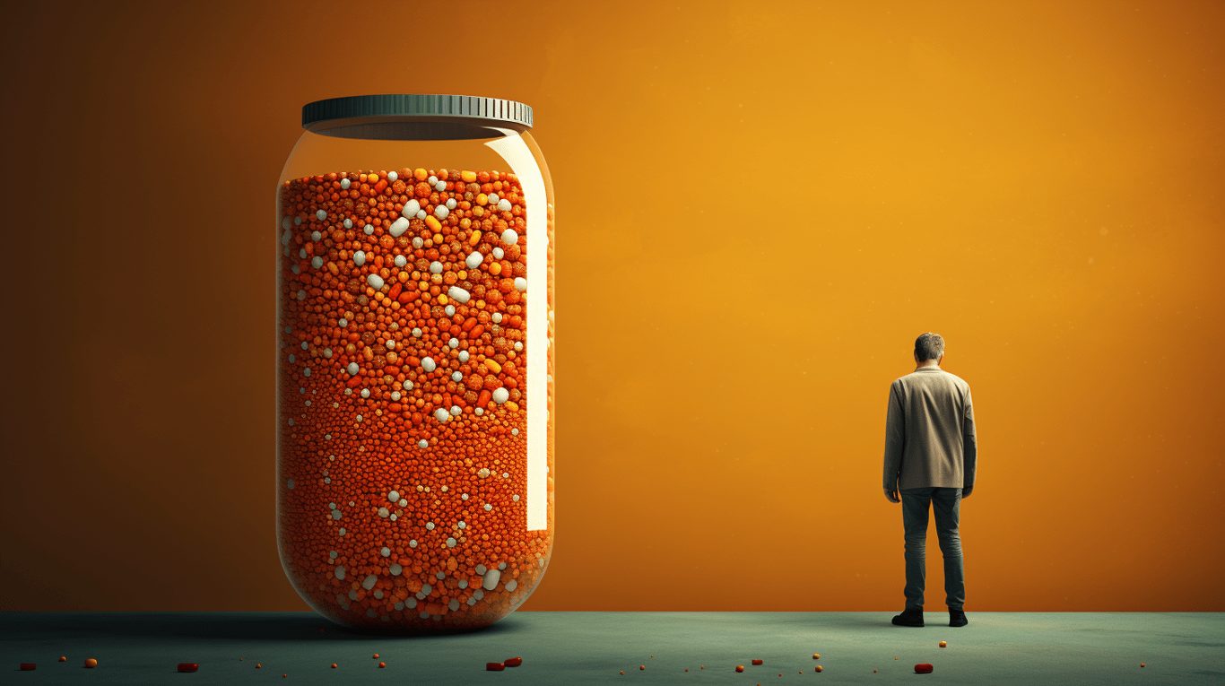 abstract image of a researcher studying a bottle of drug.