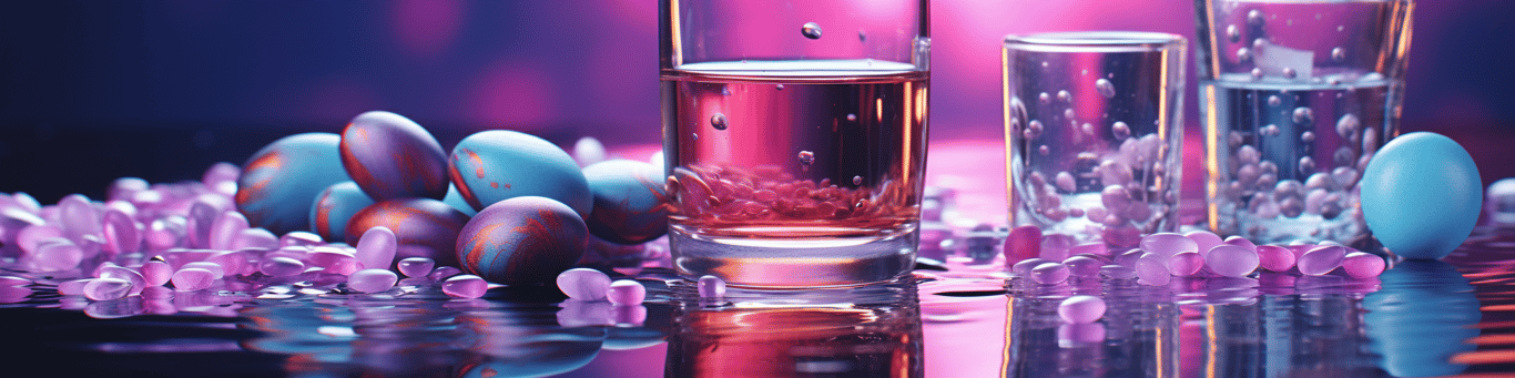 image of drug pills surrounding a glass of water symbolizing drug consumption