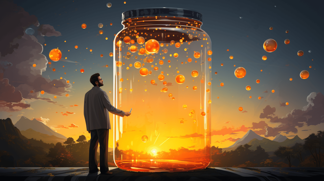 abstract image of a researcher studying a bottle of drug.