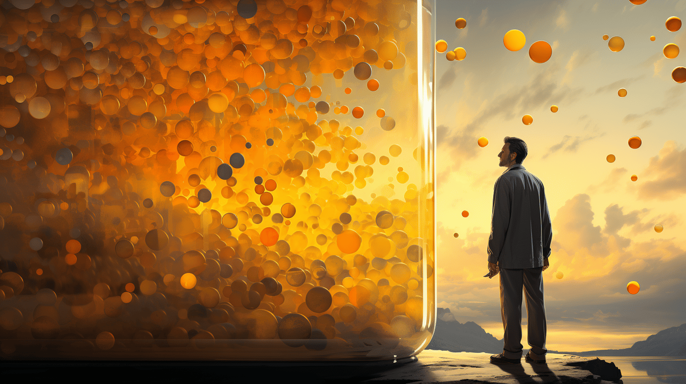 abstract image of a researcher studying a bottle of drug.