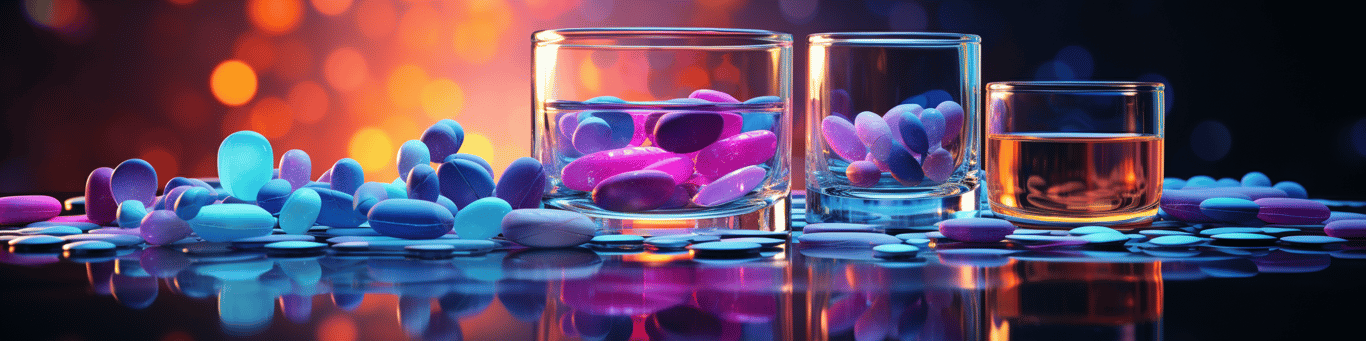 image of drug pills surrounding a glass of water symbolizing drug consumption