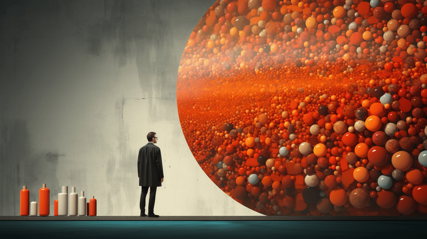 abstract image of a researcher studying a bottle of drug.