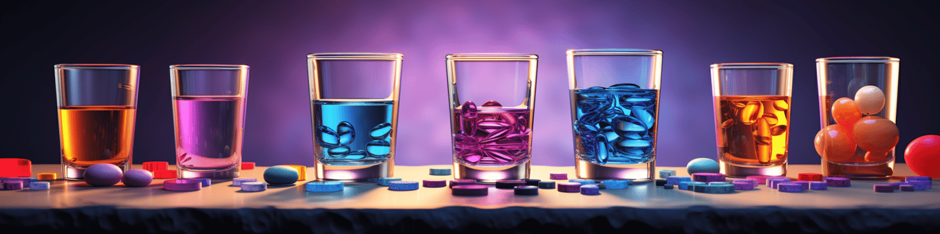 image of drug pills surrounding a glass of water symbolizing drug consumption